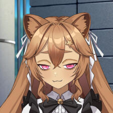picture of anime-styled humanoid lion vtuber model with orange long hair, white ribbons, lion ears, pink eyes, and light tan skin. smug expression.